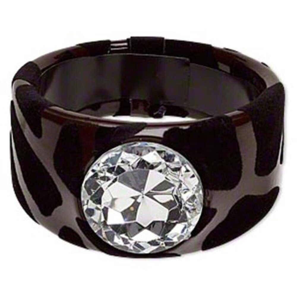 Brown Velvet & Vinyl Animal Print Rhinestone Chunky Retro Wide Bangle Bracelet